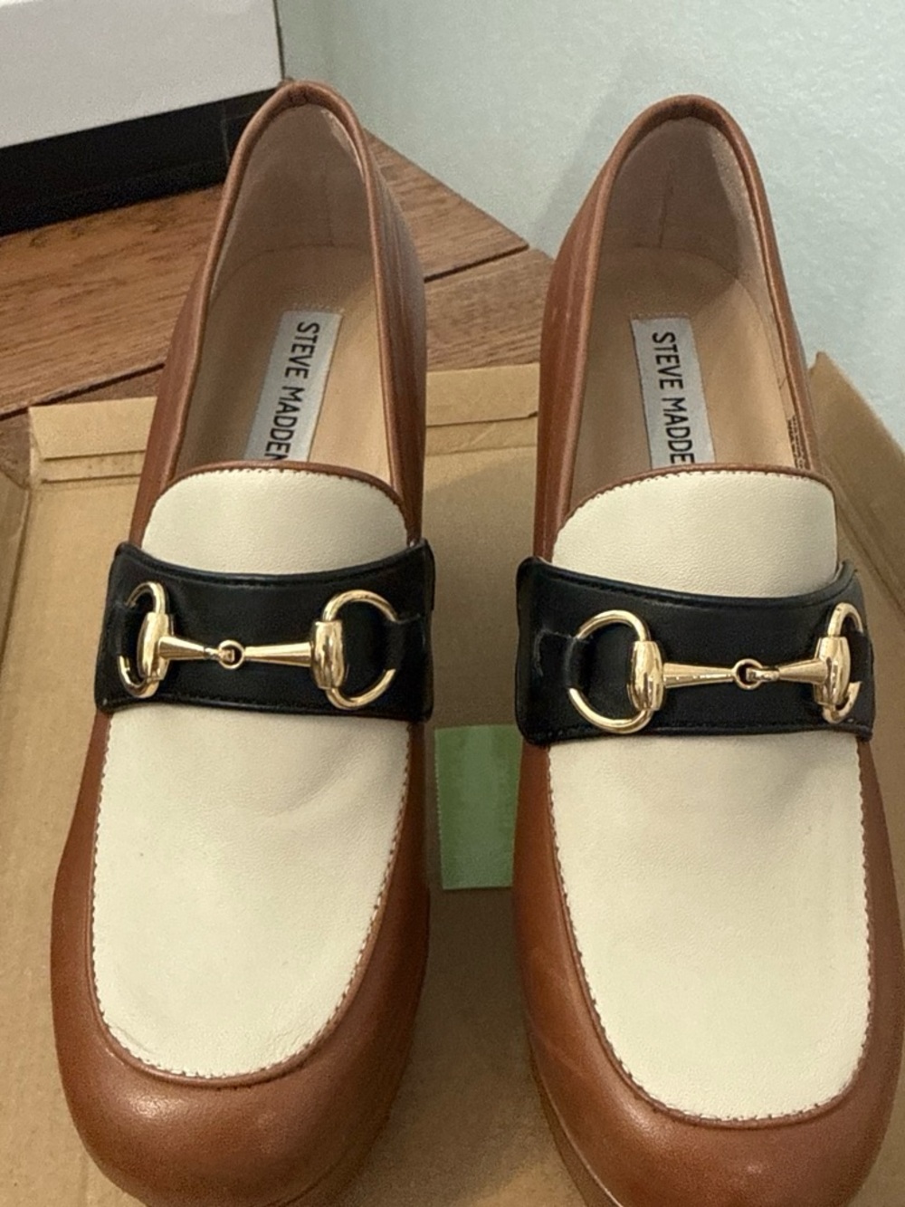 Steve Madden Brown, Cream & Black Leather Horsebit Loafers